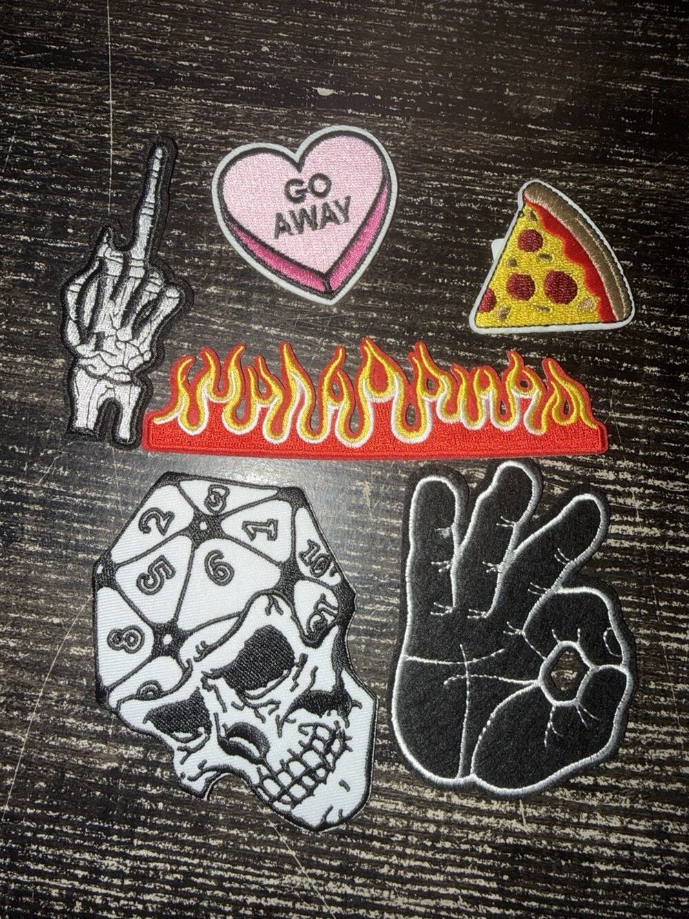 Lot Of 6 Iron on Patches Middle Finger Flames Go Away Heart RPG Dice Skull Ok
